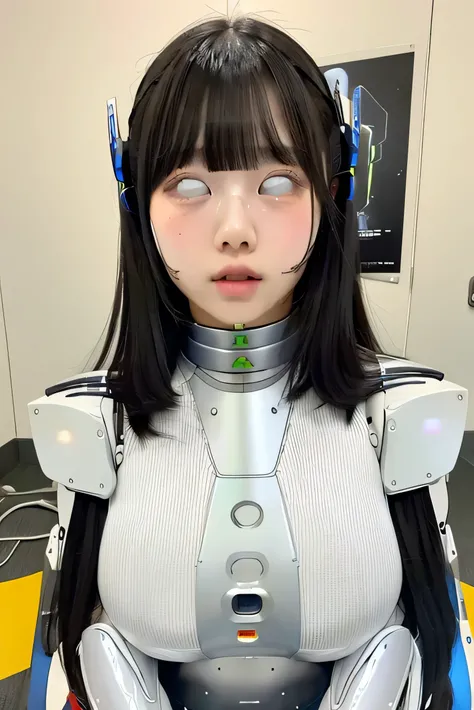 masterpiece, best quality, extremely detailed,portrait,front view,Japaese android girl,Plump, control panels,android,Droid,Mechanical Hand, Robot arms and legs,Blunt bangs,long tube,thick cable connected her neck,shirome