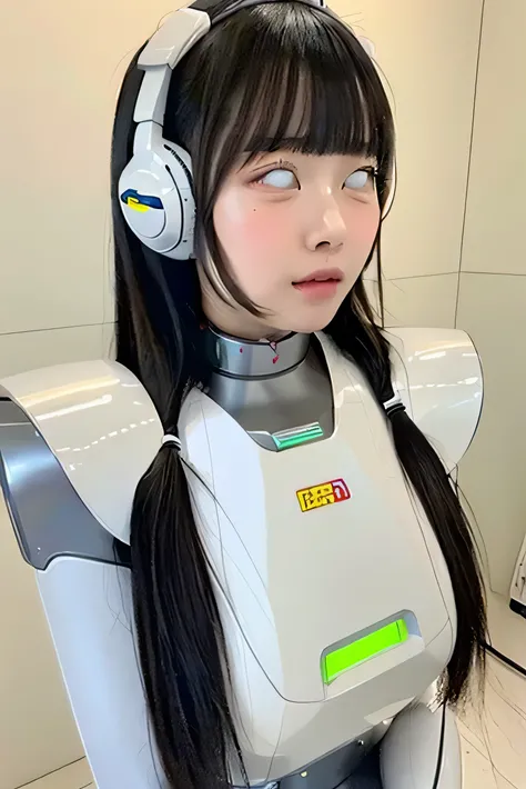 masterpiece, best quality, extremely detailed,portrait,front view,Japaese android girl,Plump, control panels,android,Droid,Mechanical Hand, Robot arms and legs,Blunt bangs,long tube,thick cable connected her neck,shirome