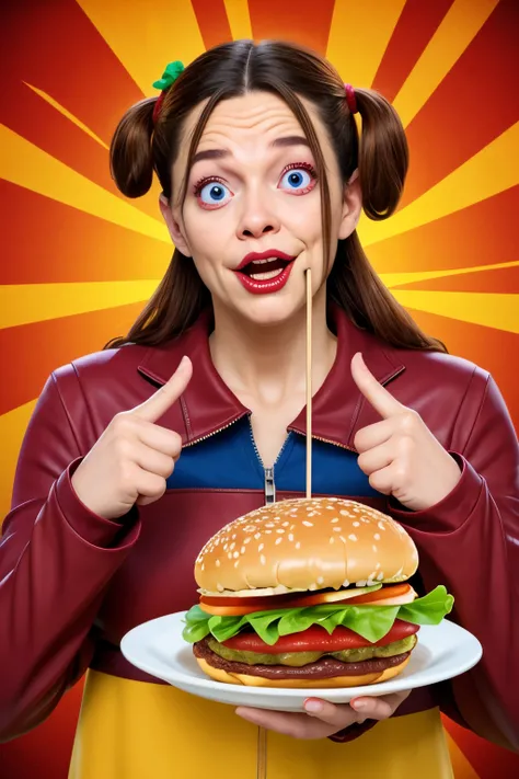 Mystery Burger of Urban legend,  Commercial for a hamburger that will kill if someone eat it, 
AI human eating deliciously with poor acting, Mad eyes with Malice,
parody, comedy, moe, Scary commercial if you look closely