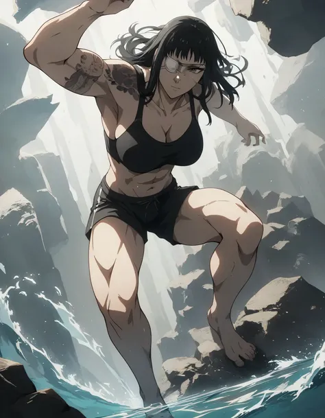 score_9, score_8_up, score_7_up,score_6_up,high resolution,source_anime,s0fiavalm3t,1girl,eyepatch,black hair,long hair,,water,rocks,volumetric lighting,rim lighting,dof,dramatic shadow,full body,dynamic pose,looking at viewer,pov,suspended in air, tattoos...