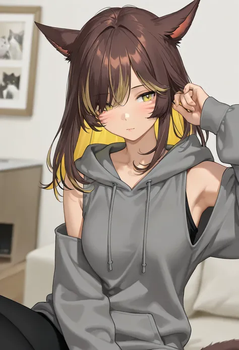 masterpiece,1girl, colored inner hair Brown hair Yellow hair, cat_ears, Black oversized hoodie,  inner tank top , Hair on one eye, Long hair tips, Miqote