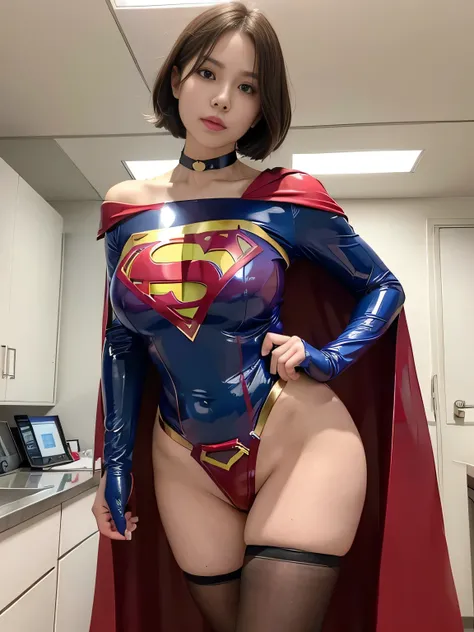 masterpiece、 latex supergirl costume 、 off shoulder、Ultra short hair、 Big and Rich Breasts 、 shiny sweaty skin 、Look directly into the camera、 choker 、Provocative cleavage、 Long Sleeve 、Cape、Glamorous bare legs、 in front of laboratory equipment in hospital...