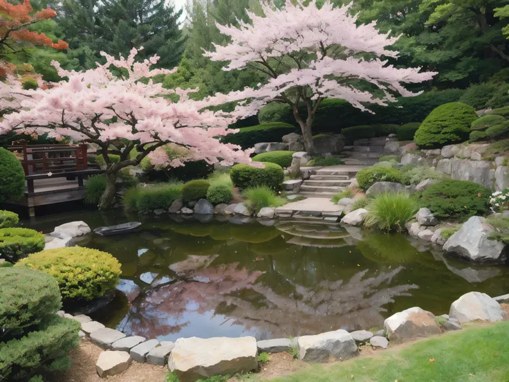 A quiet Japanese garden 。 A beautiful pond spreads out in the center 、 surrounded by mossy stones 、Takegaki、 and the beautifully pruned pine It has been arranged。 creates a calm and meditative atmosphere 、 stone lanterns stand in a corner of the garden 。 a...