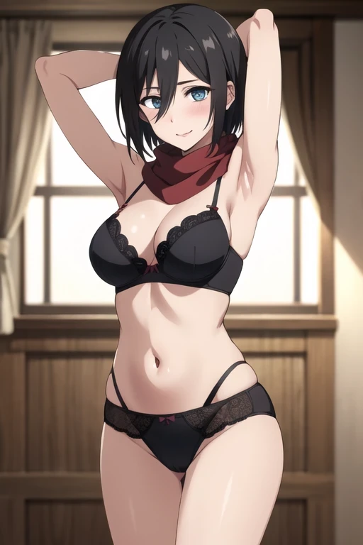 masterpiece, best quality, highres, hmmikasa, short hair, black eyes, red scarf, perfect face, (laced bra, laced underwear), bare shoulder, bikini BREAK standing,(cameltoes),BREAK Blushing, smiling embarrassed, BREAK (show both armpits), arms behind head B...