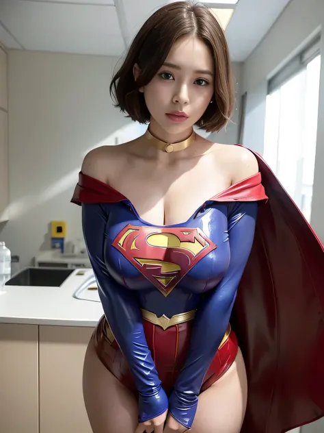 masterpiece、 latex supergirl costume 、 off shoulder、Ultra short hair、 Big and Rich Breasts 、 shiny sweaty skin 、Look directly into the camera、 choker 、Provocative cleavage、 Long Sleeve 、Cape、Glamorous bare legs、 in front of laboratory equipment in hospital...