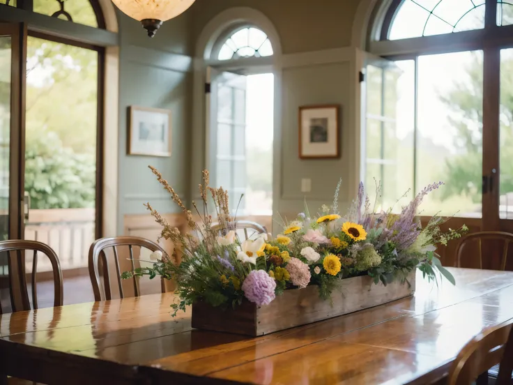  dried flowers with delicate beauty 。 light-colored lavender and haze grass in an antique glass bottle 、 eucalyptus is casually displayed 、Create a natural atmosphere 。 The background is wood-grained table and soft There is a window where light shines in、 ...