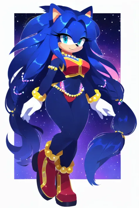 Sonic oc, Mobian, female, sonic the hedgehog but female, Cosmic hedgehog, A beautiful light blue hedgehog, purplish blue eyes, very long hair/quills, braided and beaded long hair bangs, long streaks of hair on each side of her face, (star constellation on ...
