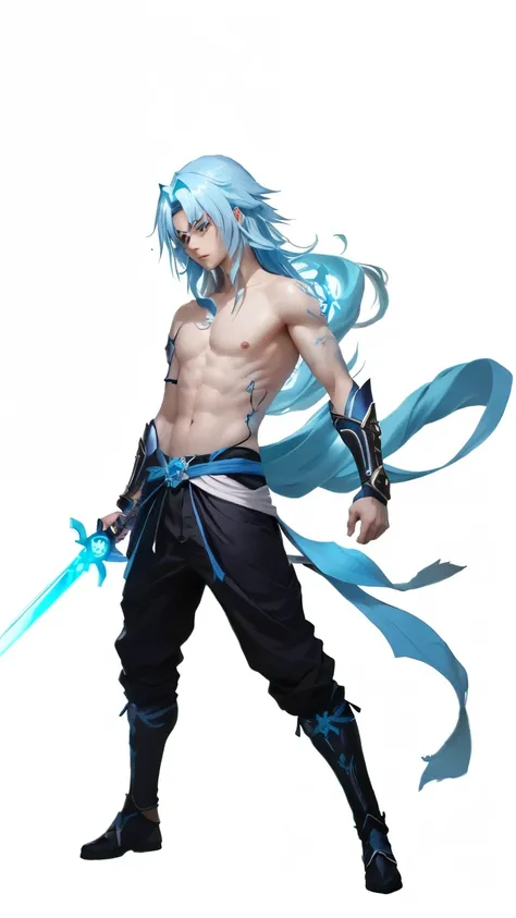 a boy with blue hair and a sword in his hand, skinny male fantasy alchemist, male anime character, rimuru tempest, keqing from genshin impact, tensei shitara slime datta ken, anime character, full body xianxia, this character has cryokinesis, rimuru, heise...