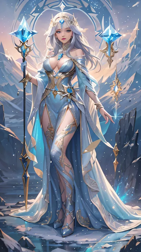 Create a stunning fantasy character design of an elegant Sorceress. She should be dressed in intricate, sparkling armor that blends elements of ice and crystal. Her clothing should be a translucent, flowing fabric, adorned with sparkling gems and sharp-edg...