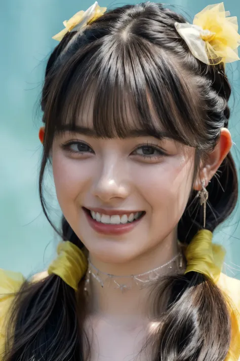 (realistic, photo-realistic:1.2), (masterpiece, best quality), high resolution photograph, extremely detailed, intricate details, sharp details, sharp focus, professional lighting, (portrait), solo, 1girl, a Japanese female idol, (yellow clothes, idol cost...