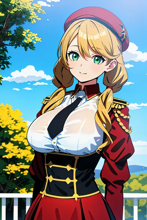 score_9, score_8_up, score_7_up, score_6_up, source_anime, 1girl, solo,  oldrin, blonde hair, low twintails, green eyes, red ribbon, red beret, white shirt, black necktie, red sleeves, red uniform, puffy sleeves, corset, red skirt, huge breasts, looking at...