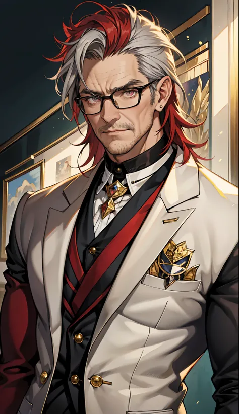  Tasty old man from the 1920s, ash red hair with some gray hair, Aleli eyes. He wears glasses that make him look sexy. He is very elegant. Old man with long face, a dignified expression, a tall physique, a luxurious , this character anime style, exquisite ...