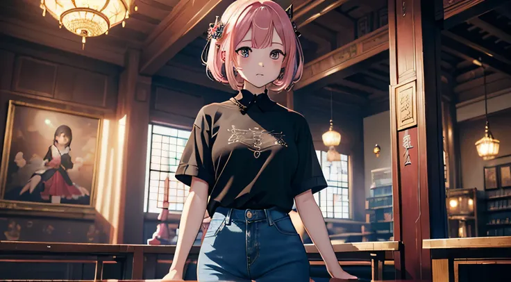 (masterpiece), ( top quality ), ( high definition ),   Details, ( Complex Details 1 .2), (Hyper   Details 1.4), (Ornate Digital Art 1.2),  Absurd,  1 girl,  small breasts, teeth,  hair ornament , alone,  pink hair, (  black shirt :1.3), jeans, (station:1.2...