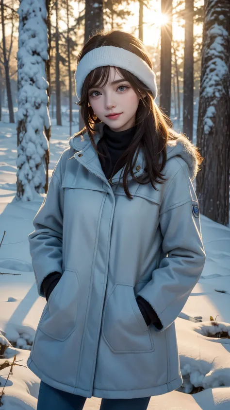 A European girl,
hands in her coat pockets,
standing next to a tree,
the tree is covered in frost,
tree branches and leaves are covered in frost,
headband,
brown hair, long hair, snow in the hair,
dawn, beautiful face
cold midwinter morning,
snow falling,
...