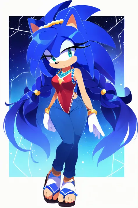 Sonic oc, Mobian, female, sonic the hedgehog but female, Cosmic hedgehog, A beautiful light blue hedgehog, purplish blue eyes, very long hair/quills, braided and beaded long hair bangs, long streaks of hair on each side of her face, (star constellation on ...