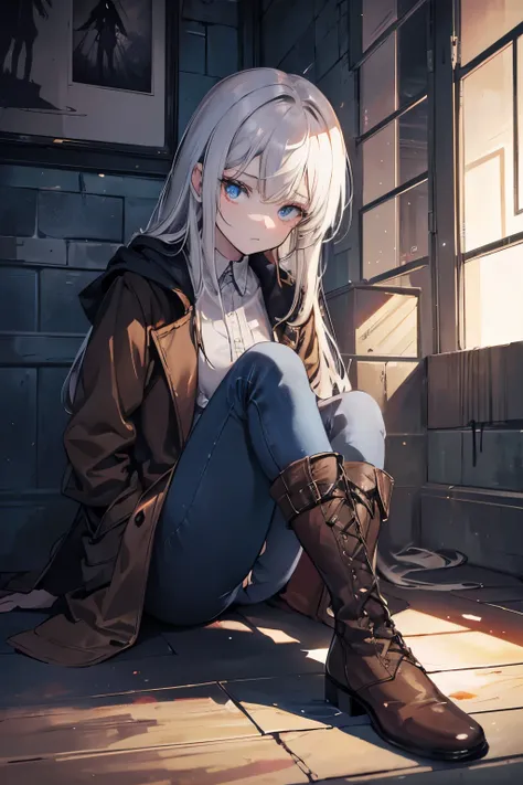 ((suspense scene ((CONCEPT ART)), extremely detailed with a girl wearing blue jeans, and brown coat and boots)), (better lighting, better shadow, an extremely delicate and scary), (digital illustration), ((4k painting)), [(dynamic angle,((1girl)),white hai...