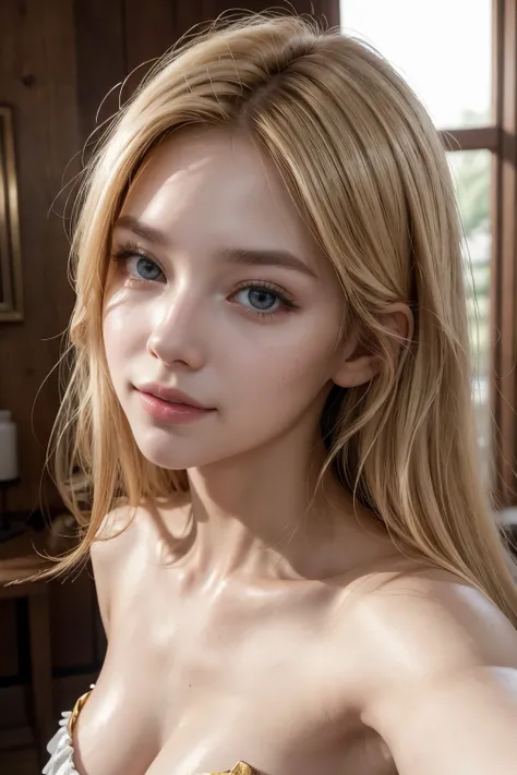 High detail, clarity, 8kk, young, 18 years old, golden hair, long haircut, light eyes, realism, fantasy, clear eye, perfect body, (look down at the viewer:0.8), (pureerosface_v1 :0.2), bangs, shiny skin, (masterpiece;1.0), (photorealistic:1.4), (sharp focu...