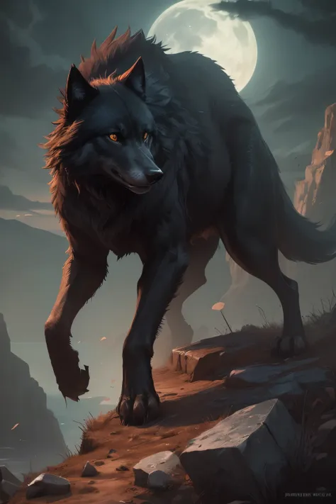 Giant black wolf on a cliff at night, bright red eyes,rosnando, 8hd,8k,splash art,forte,sombrio,fenris