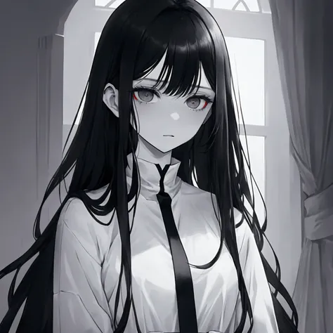 1 person, woman,blank expression, white clothing. Pale skin, grey eyes, black and white appearance, dark black long hair. Depressing looks. 