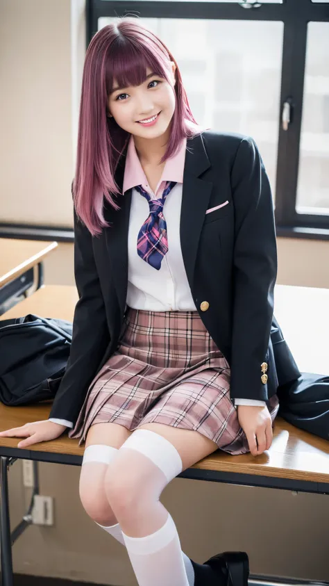 (Highest quality, 4K, 8k, High resolution, masterpiece, Genuine, Realistic, Realistic:1.3), (upper body), Girl sitting on the school desk in classroom, blue neckerchief Uniform, Dark Blown Blazer, blown plaid skirt, Gal Makeup, wearing oversize dark sweate...