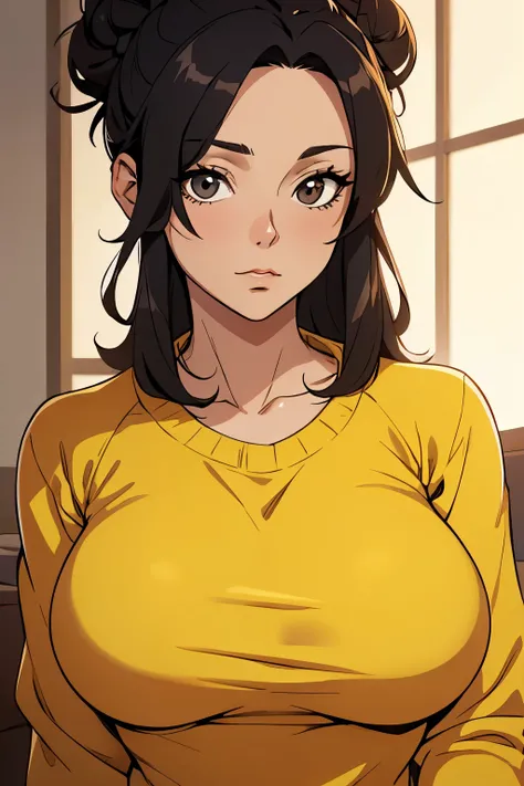 Masutepiece、highest qualityr、high resolusion、Eleonora Pavinato, , Younger headshot in room sweter z dużym dekoltem you can see big breasts Beautiful bust girl Black hair Bun hair Beautiful firm breasts are comb big oczami seksowna, sentada en la cama.