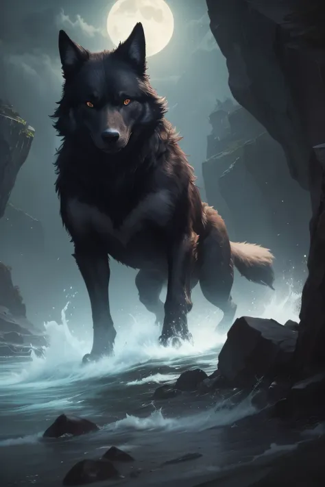 Giant black wolf on a cliff at night, bright red eyes,rosnando, 8hd,8k,splash art,forte,sombrio,fenris,red eyes, terror, horror,agressivo 