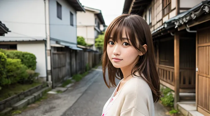 Professional, EF16-35mm f/2.8L III, high definition, 4K, photo quality, realistic, soft light source, Japanese, one pretty girl, 20 years old, brown eyes, parted bangs, brown hair, medium hair, close-up on upper body & subject, no text.

Location: Himejima...