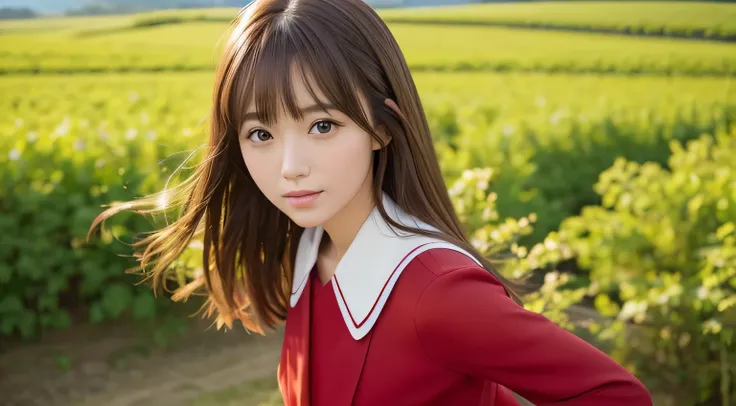 Professional, EF16-35mm f/2.8L III, high definition, 4K, photo quality, realistic, soft light source, Japanese, one pretty girl, 20 years old, brown eyes, parted bangs, brown hair, medium hair, close-up on upper body & subject, no text.

Location: Himejima...