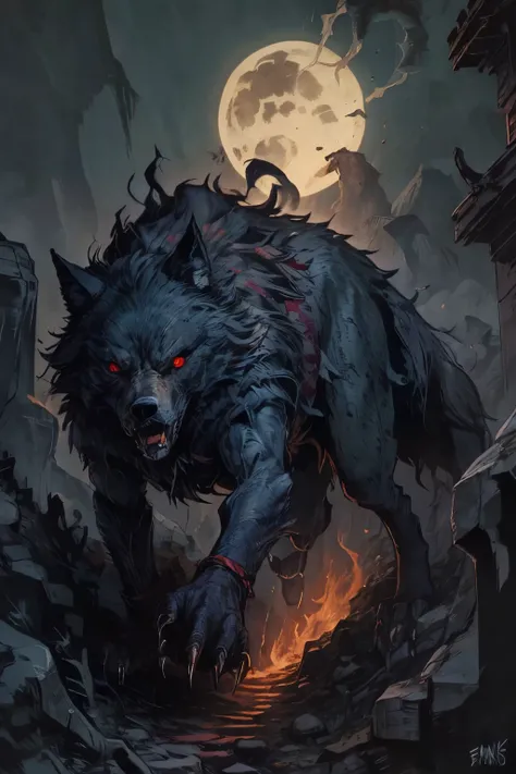 Giant black wolf on a cliff at night, bright red eyes,rosnando, 8hd,8k,splash art,forte,sombrio,fenris,red eyes, terror, horror,agressivo ,quadruped 