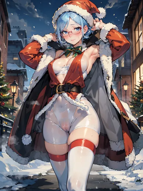 anime - style illustration of a woman in a christmas Santa underwear:1.5, long white duffle coat, long boots, anime character, official character art, feminine, full body, female anime girl, Posing:1.5, parted bangs, glasses, (tanned:1.0), hopping step:1.5...