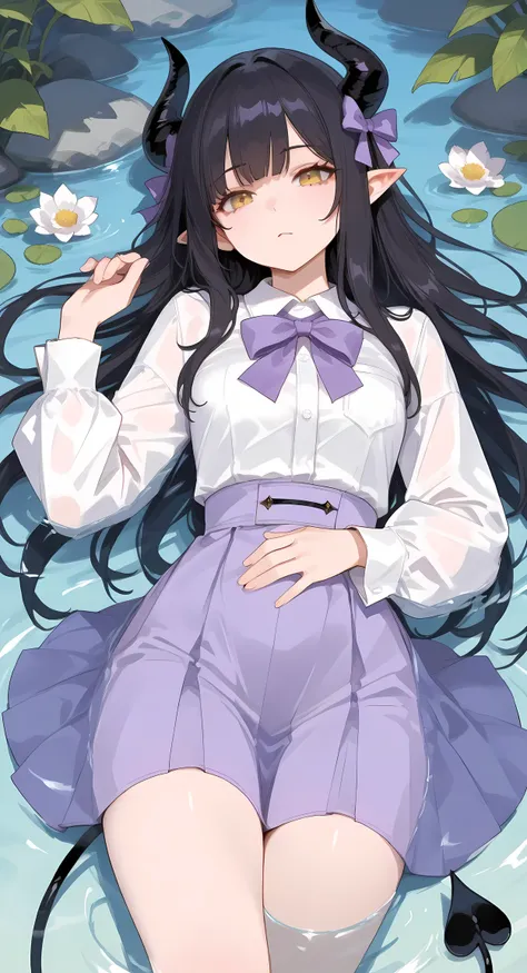 masterpiece, best quality,1girl, solo, long hair, looking at viewer, skirt, black hair, long sleeves, dress, bow, ribbon, tail, yellow eyes, white shirt, flower, lying, horns, pointy ears, on back, water, demon tail, partially submerged, purple skirt, purp...