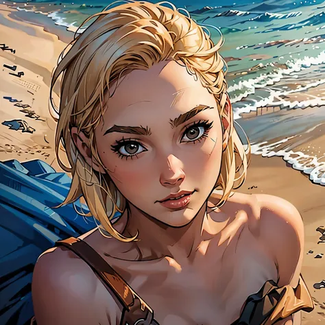 "Close-up, female character, on a beach, day, Cartoon image of a young woman. short blonde hair, brown eyes, casual clothes,."