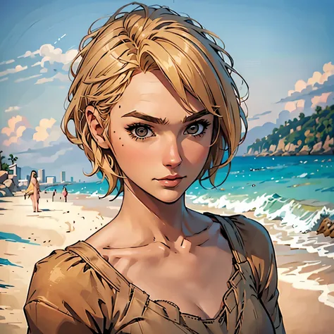 "Close-up, female character, on a beach, day, Cartoon image of a young woman. short blonde hair, brown eyes, casual clothes,."