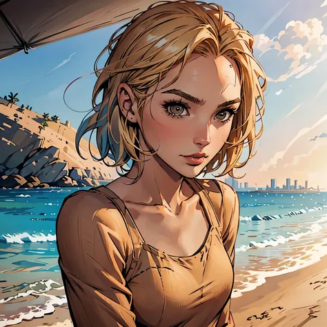 "Close-up, female character, on a beach, day, Cartoon image of a young woman. short blonde hair, brown eyes, casual clothes,."