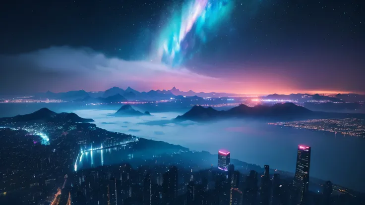 「 Lake of Illusions and the City of Stars 」
 Countless stars are reflected on the surface of the lake 、Giant Stars in the Sky 々Shines。 Cyberpunk-style towers rise in the center of the lake 、 Neon lights slowly flash 。 Mysterious landscape with towering mou...