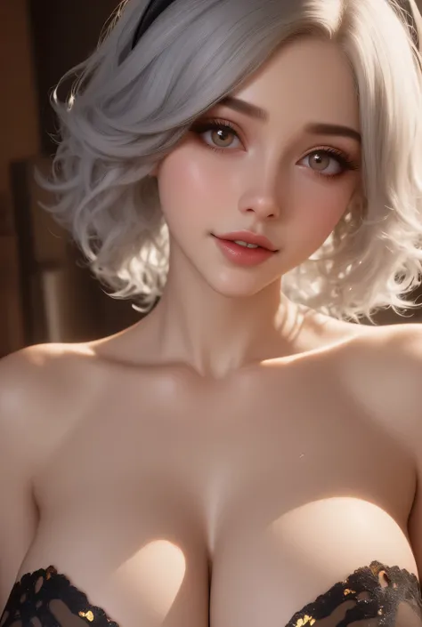   A beautiful woman with beautiful eyes :1.2, detailed eyes,(light blue eyes)beautiful full lips ,(lips painted in gold color ) highly detailed eyes and faces,  Long eyelashes,( silver hair),( Long wavy hair), big breasts,cute expression, smile,  session:1...