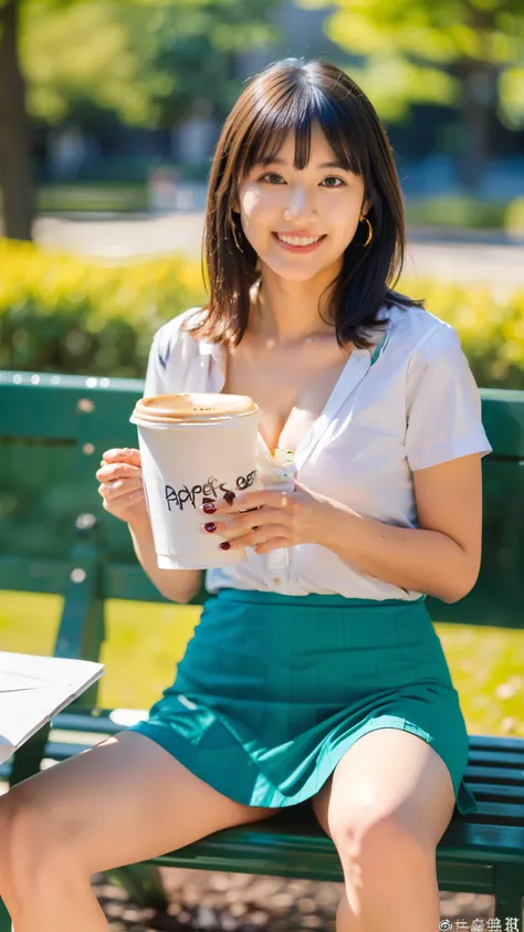 (((Hold a paper coffee cup:1.3))),(((spread your legs:1.4))),(((Wearing a skirt:1.2))),Around town,Outdoor,bench,(Wearing a shirt),A female college student, cleavage, looking at camera,smile, 22 years old, shorter hair、bangs、 cute earrings,Bright sunlight...