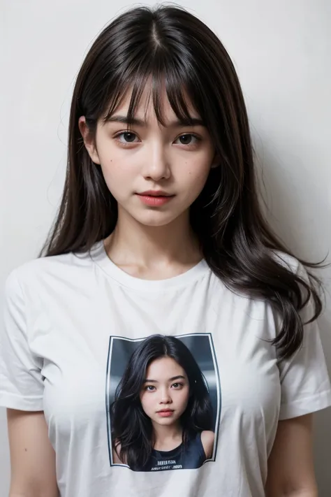 (young Lady:1.7), Transparent transparency, (T shirt), Adorable, 1 girl, (face to face), 20 years old, baby face, happy, ID photo， facing the camera  (face details: 1), (eye details:1), ((big breasts)). T shirt. Cute posed. proportional body. Ultra High Re...