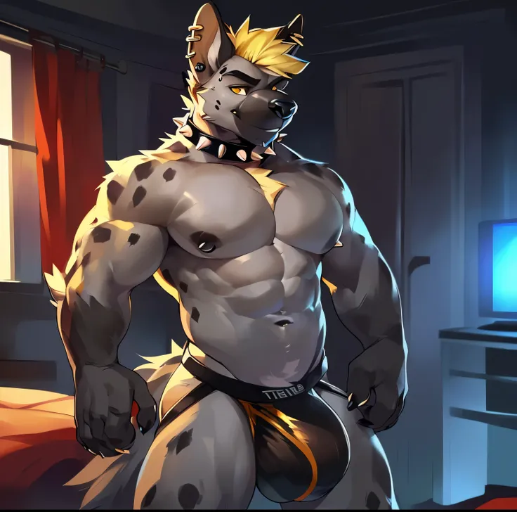 Solo, anthro, male (((hyena, yellow eyes, black pupils, athletic, big pecs, abs, dark grey fur, grey body, grey fur, dark grey snout, dark grey spots, black hair, blonde highlights, chin piercing, ear piercing, ear ring, eyebrow piercing, spiked collar, bl...