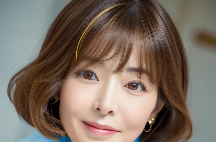 A Korean woman in her 50s with a sophisticated and elegant bob hairdo. Her hair is light brown with soft, subtle layers framing her face beautifully. The lighting is natural and highlights the healthy luster of her glowing skin and hair.　60 years old　Japan...