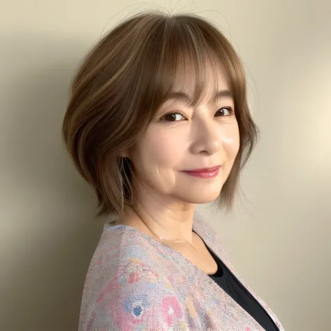 A Korean woman in her 50s with a sophisticated and elegant bob hairdo. Her hair is light brown with soft, subtle layers framing her face beautifully. The lighting is natural and highlights the healthy luster of her glowing skin and hair.　60 years old　Japan...