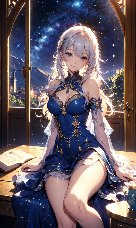 最high quality、Composition showing the groin from below、Calm beautiful color 、　Warm Light、side angle 、  ERO 1 WOMAN reading a book sitting on a chair  、A friendly smile、cute、refreshing、、 arms behind head 、Chest 130 　beautiful pose、A fresh smile、 銀髪silver Ha...