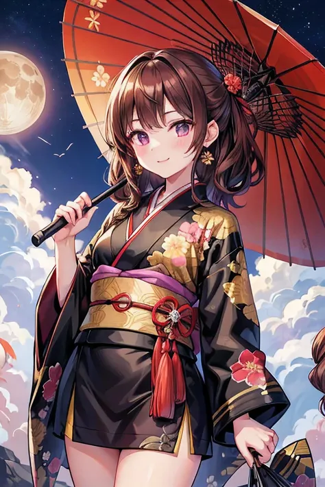 An anime-style girl wearing a black kimono with a gold floral pattern and is holding a red Japanese umbrella over her shoulder.

She has medium hair hair with sideburns and sauvage. She has medium hair hair with sideburns and sauvage, wears moon-shaped ear...