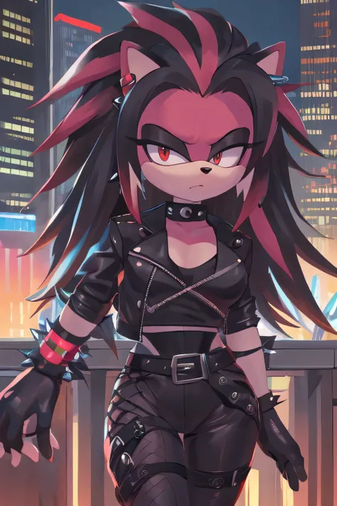 ((masterpiece)) High detailed, Female anthropomorphic black hedgehog, furry, Anime, Studio Quality, Atractive, whole body portrait, Best Quality, High resolution, breasts, red black long Punk Hair with blackhighlights, long bangs, red eyes, purple eyeshado...