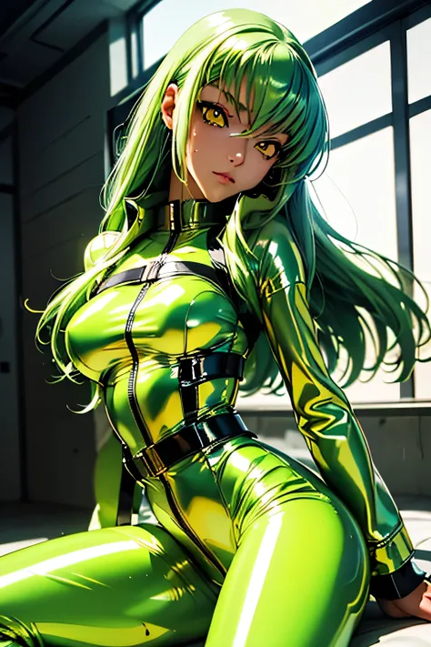  Perfect Anatomy 　  top quality ,  highest resolution,(((metallic shiny latex white straitjacket　 shiny green hair 　 Yellow Eyes　sweat)))　c.c　cool