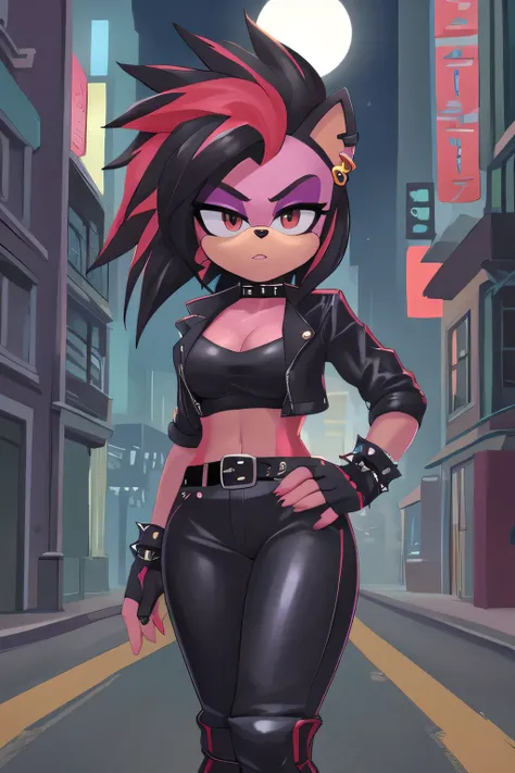 ((masterpiece)) High detailed, Female anthropomorphic black hedgehog, furry, Anime, Studio Quality, Atractive, whole body portrait, Best Quality, High resolution, breasts, red black long Punk Hair with blackhighlights, long bangs, red eyes, purple eyeshado...
