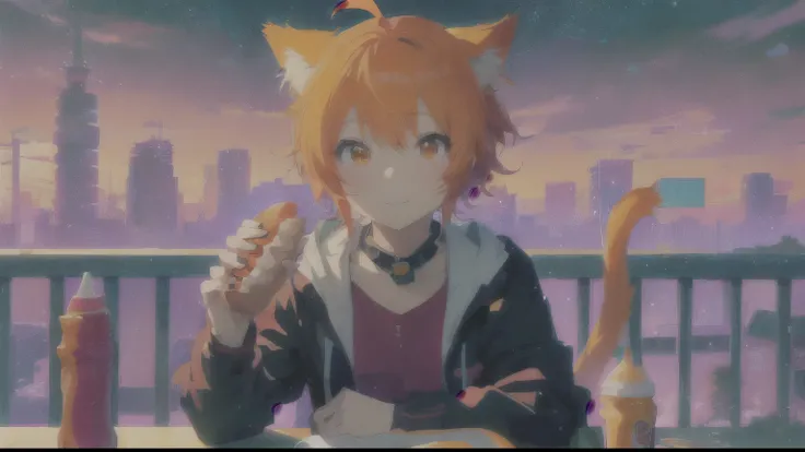 anime girl with orange hair sitting at a table with a hot dog and a hot dog, anime style 4 k, orange - haired anime boy, anime catgirl, cute anime catgirl, anime cat, beautiful anime catgirl, anime boy, anime girl with cat ears, anime art wallpaper 4k, ani...