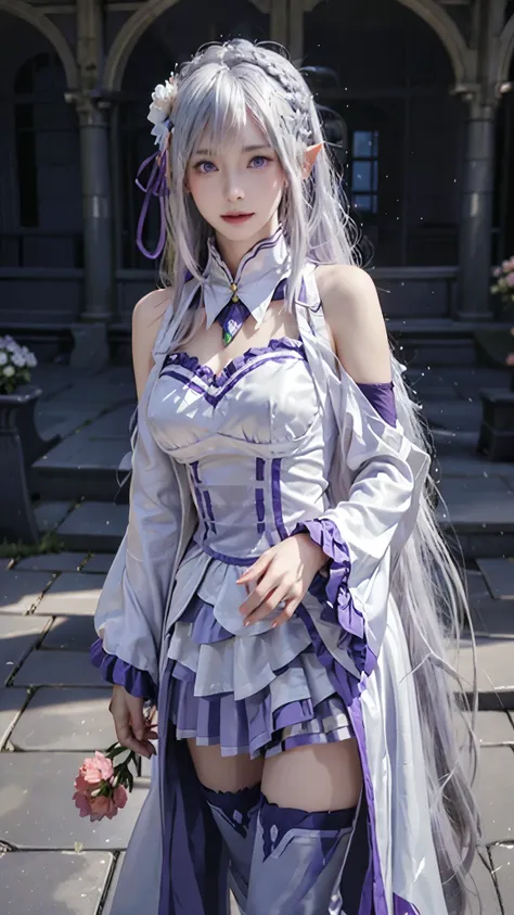 Landscape of a very beautiful woman, (cowboy shot), (((front focus))), (((background Blurry))), Bokeh, photography with Fujifilm XT3, depth of field, film grain, female focus, Emilia/(Re : Zero Kara Hajimaru/), anime style, (((walking at castle courtyard))...