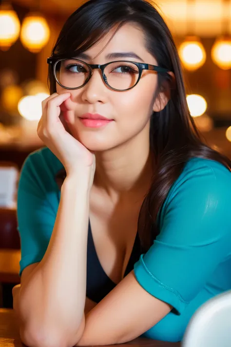 Pov across table, sitting on table, (cyan t-shirt), black bikini strap, black round eye glasses, looking at camera, front view, long hair, bangs, natural face, without make up, (detailed face), (at restaurant), tempting pose, potrait body, mouth closed, li...