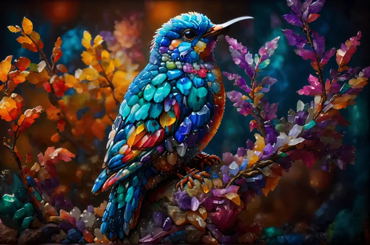 colorful bird perched on a branch with leaves on the background, colorful HD images , Colorful 8k, beautiful、 and colorful , Colorful Birdsと長い, 4K Highly Detailed Digital Art , beautiful4Kアート, Colorful 4k, on black background, beautiful vivid col...